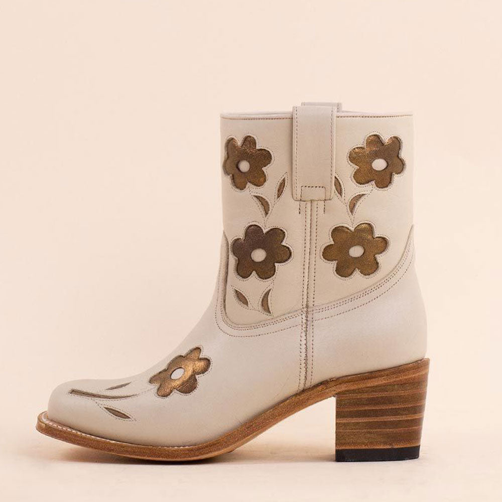Beige Square Toe Block Heel Cowboy Ankle Boots with Gold Flowers