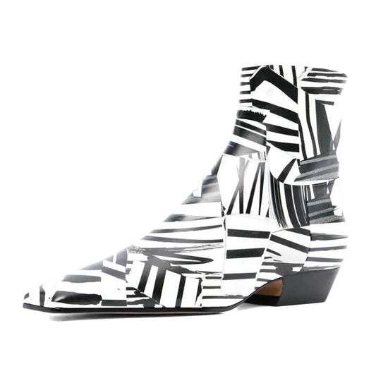White & Black Square Toe Zipper Ankle Boots with Chunky Heel