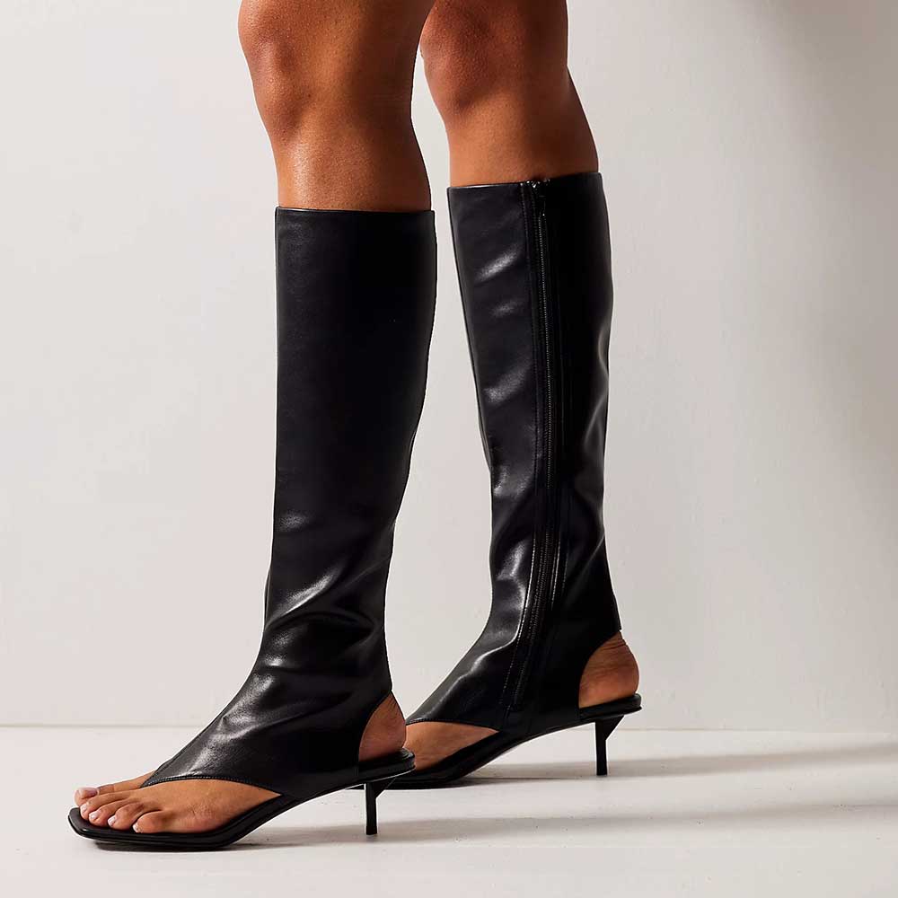 Black Square Toe Thong Sandal Knee High Boots with Kitten Heel