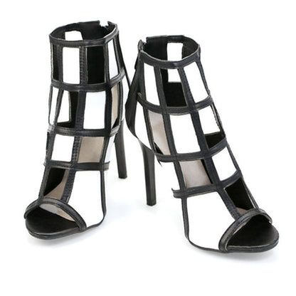 Black & White Plaid Peep Toe 3'' Stiletto Heel Cut-Out Ankle Boots
