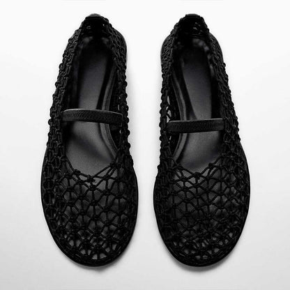 Black Textile Woven Round Toe Vegan Leather Strap Ballet Flats