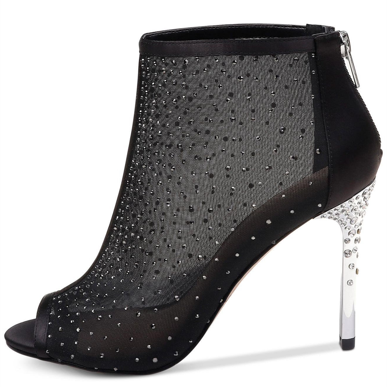 Black Mesh Rhinestone Peep Toe Booties Stiletto Heel Ankle Boots