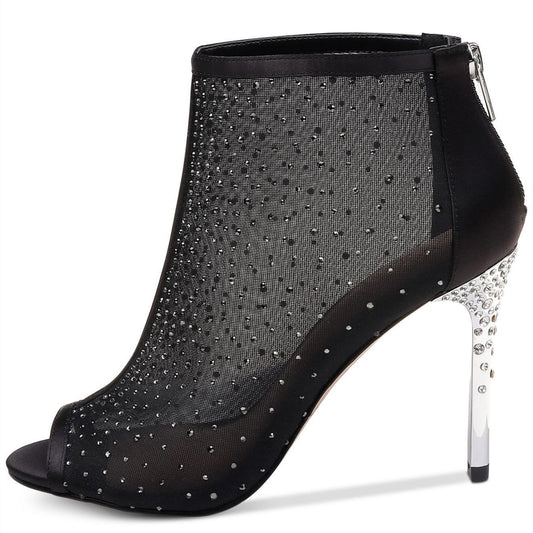 Black Mesh Rhinestone Peep Toe Booties Stiletto Heel Ankle Boots