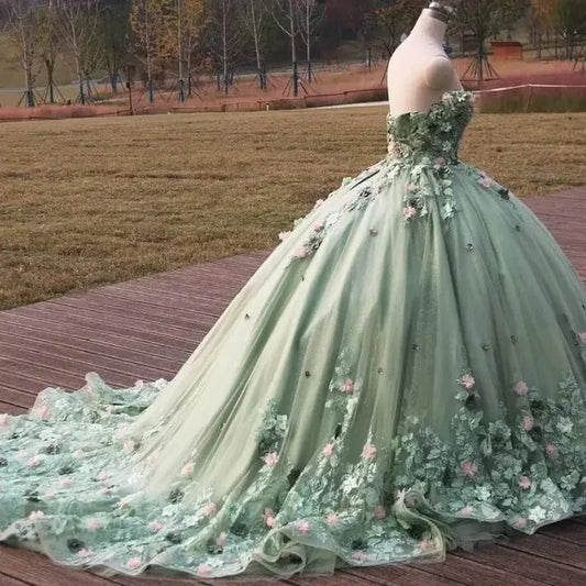 Elegant Sage Green Applique Off-the-shoulder Sweet 16 Quinceanera A-Line Floor-length Prom Dress Birthday Dress Evening Dress Ball Gown TP4533
