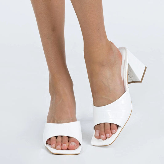 Women's White Croco Embossed Square Toe Office Mule Heels