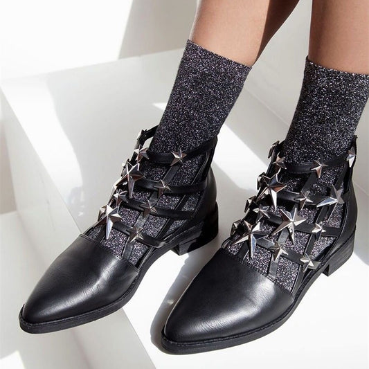 Black Almond Toe Hollow Out Studs Shoes Flat Ankle Boots
