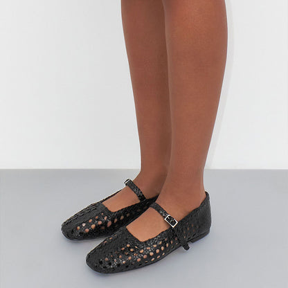 Black Square Toe Woven Detail Buckle Strap Flat Shoes Women