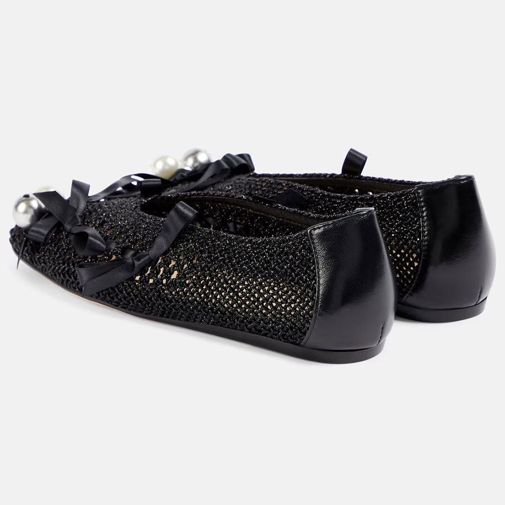 Woven Square Toe Bell and Pearl Decorative Bow Ballet Flats in Black