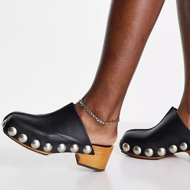 Black Faux Leather Round-Toe Studded Heeled Clogs Platform Mules