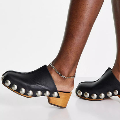 Black Faux Leather Round-Toe Studded Heeled Clogs Platform Mules