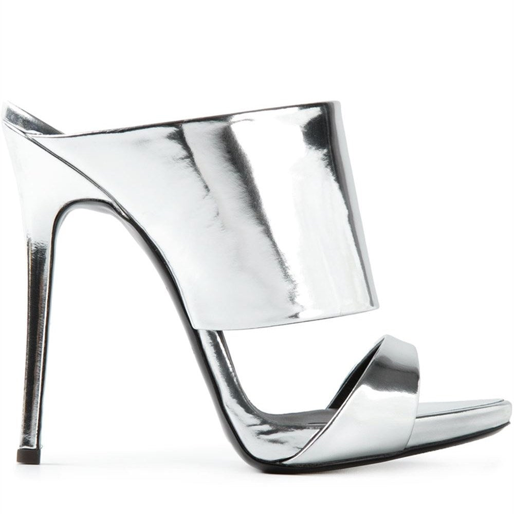 Silver Patent Leather Open Toe Wide Band Stiletto Heel Mules Sandals