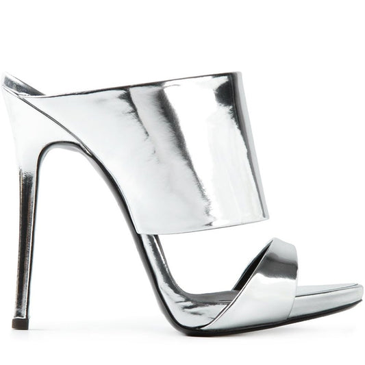 Silver Patent Leather Open Toe Wide Band Stiletto Heel Mules Sandals