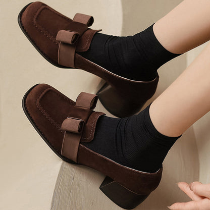 Brown Faux Suede Square Toe Chunky Heel Loafers with Bow