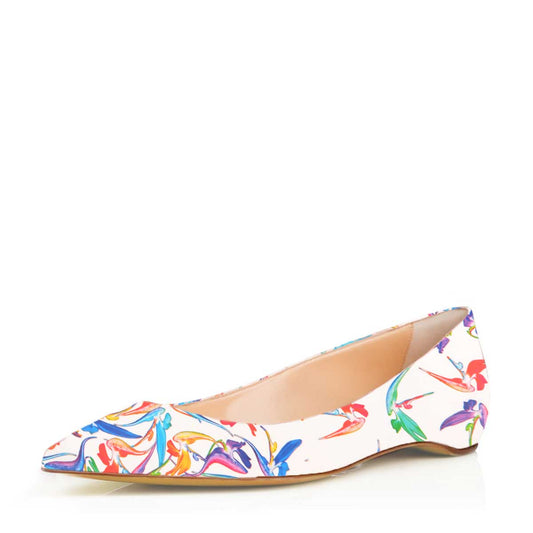 FSJ Women's Floral Print Pointed Toe Flats in White