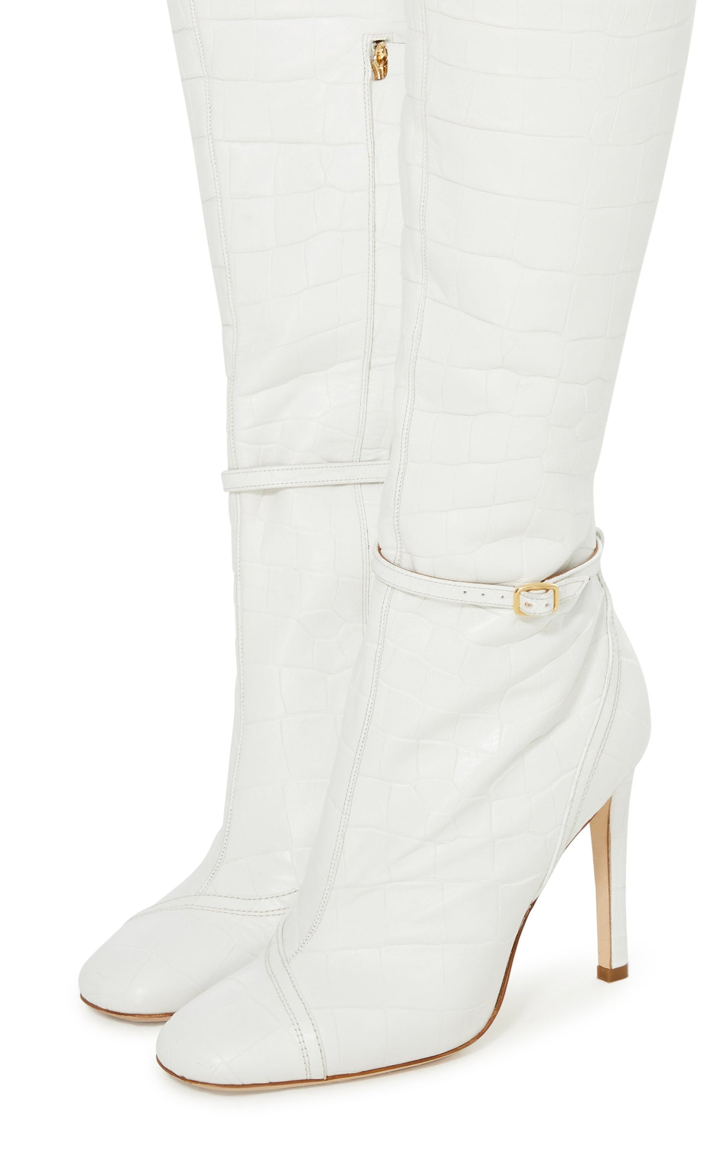 Women's White Croco Embossed Square Toe Knee High Boots with Buckle