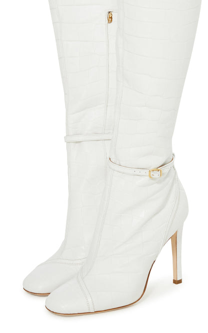 Women's White Croco Embossed Square Toe Knee High Boots with Buckle