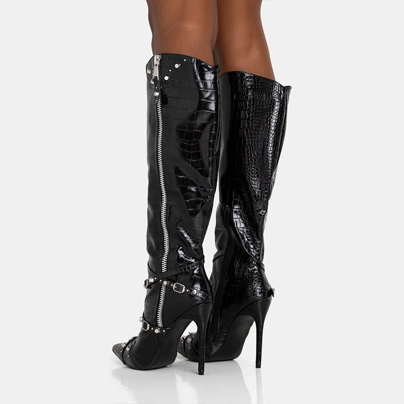 Black Pointed Toe Stiletto Heel Patent Leather Knee High Boots