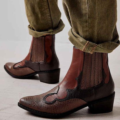 Brown Snakeskin Western Boots Block Heel Chelsea Booties for Women