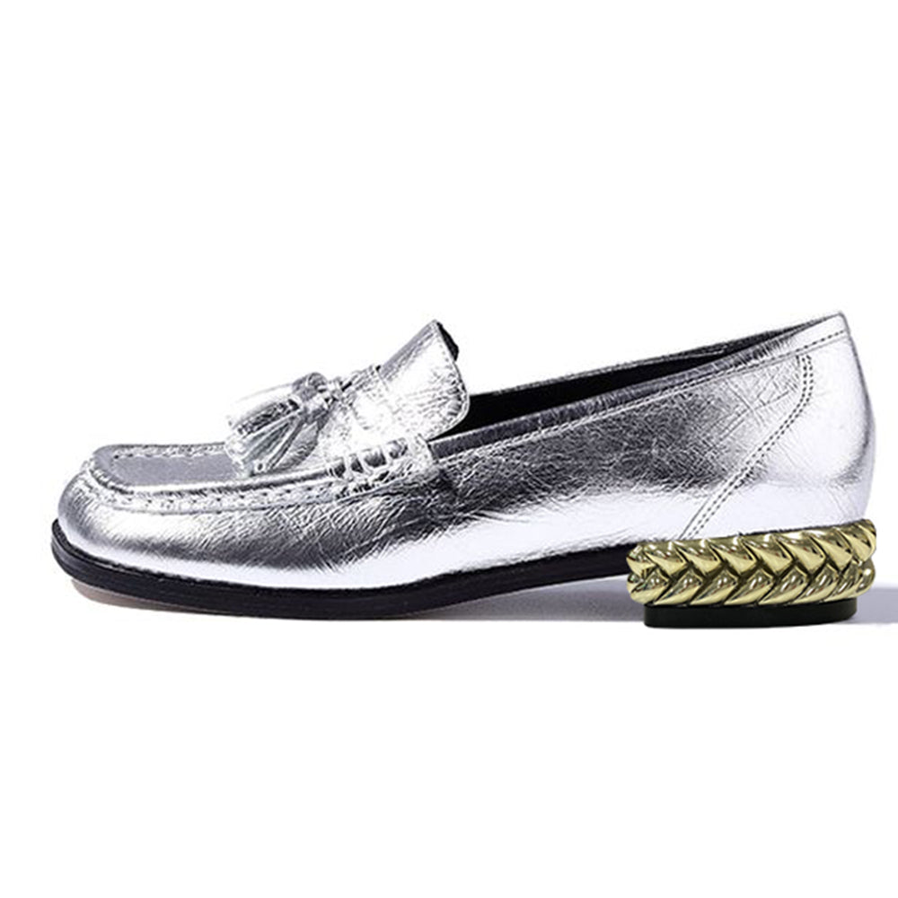 Silver Square Toe Chunky Heel Formal Loafers