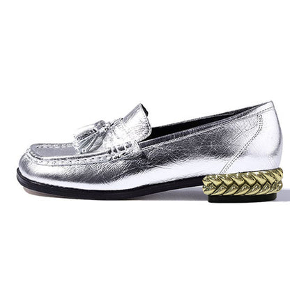 Silver Square Toe Chunky Heel Formal Loafers