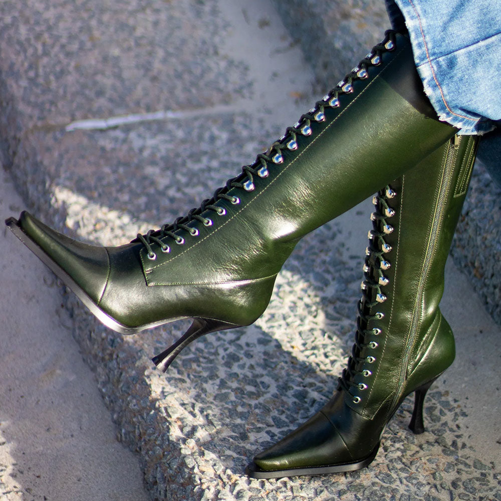 Dark Green Pointed Toe Tie-Up Spool Heel Zipper Mid Calf Boots