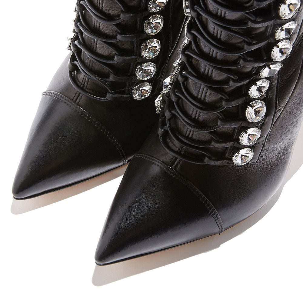Black Lace-Up Pointed Toe Rhinestone Stiletto Heel Ankle Boots
