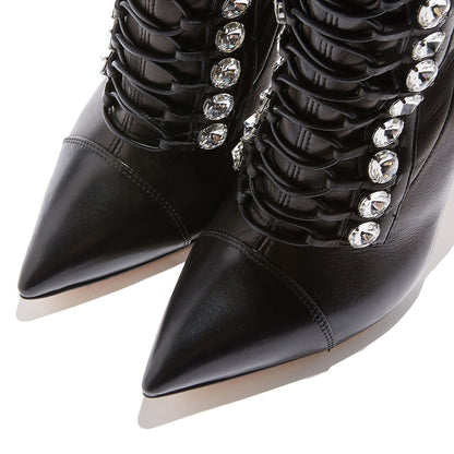 Black Lace-Up Pointed Toe Rhinestone Stiletto Heel Ankle Boots
