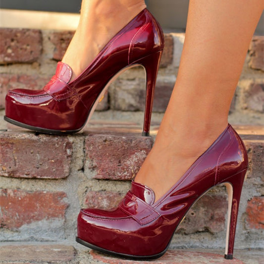 Burgundy Patent Leather Platform Stiletto Heeled Loafers for Women