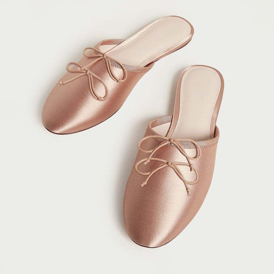 Champagne Round Toe Satin Mules With Bow Lace Up Decor Flats