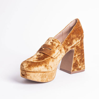Classy Gold Velvet Block Heel Round Toe Platform Loafers Women