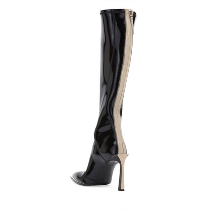 Black & Beige Patent Leather Pointed Toe Heeled Knee High Boots
