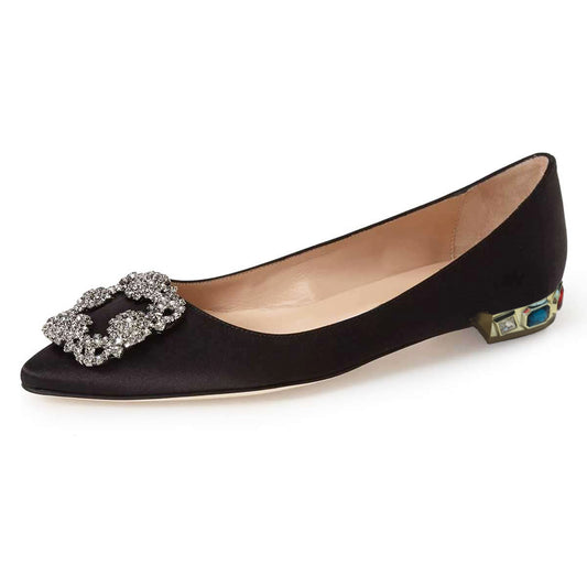 Black Satin Women's Pointed Toe Flats with Rhinestone Buckle