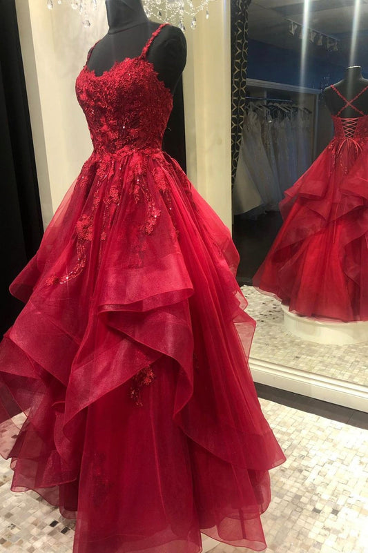 Dark Red Long Prom Dress,Trending Formal Dresses Ruffled Skirt