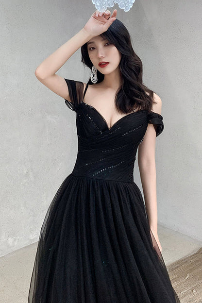 Black Tulle Long A-Line Prom Dress,Off the Shoulder Evening Dresses