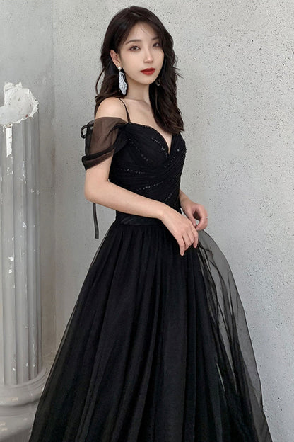 Black Tulle Long A-Line Prom Dress,Off the Shoulder Evening Dresses