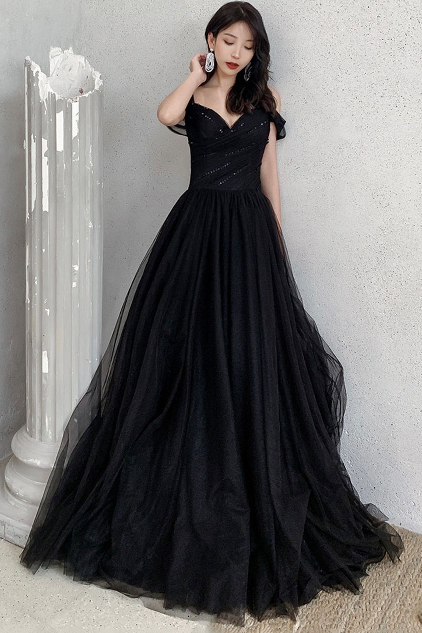 Black Tulle Long A-Line Prom Dress,Off the Shoulder Evening Dresses