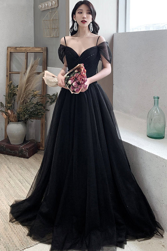 Black Tulle Long A-Line Prom Dress,Off the Shoulder Evening Dresses