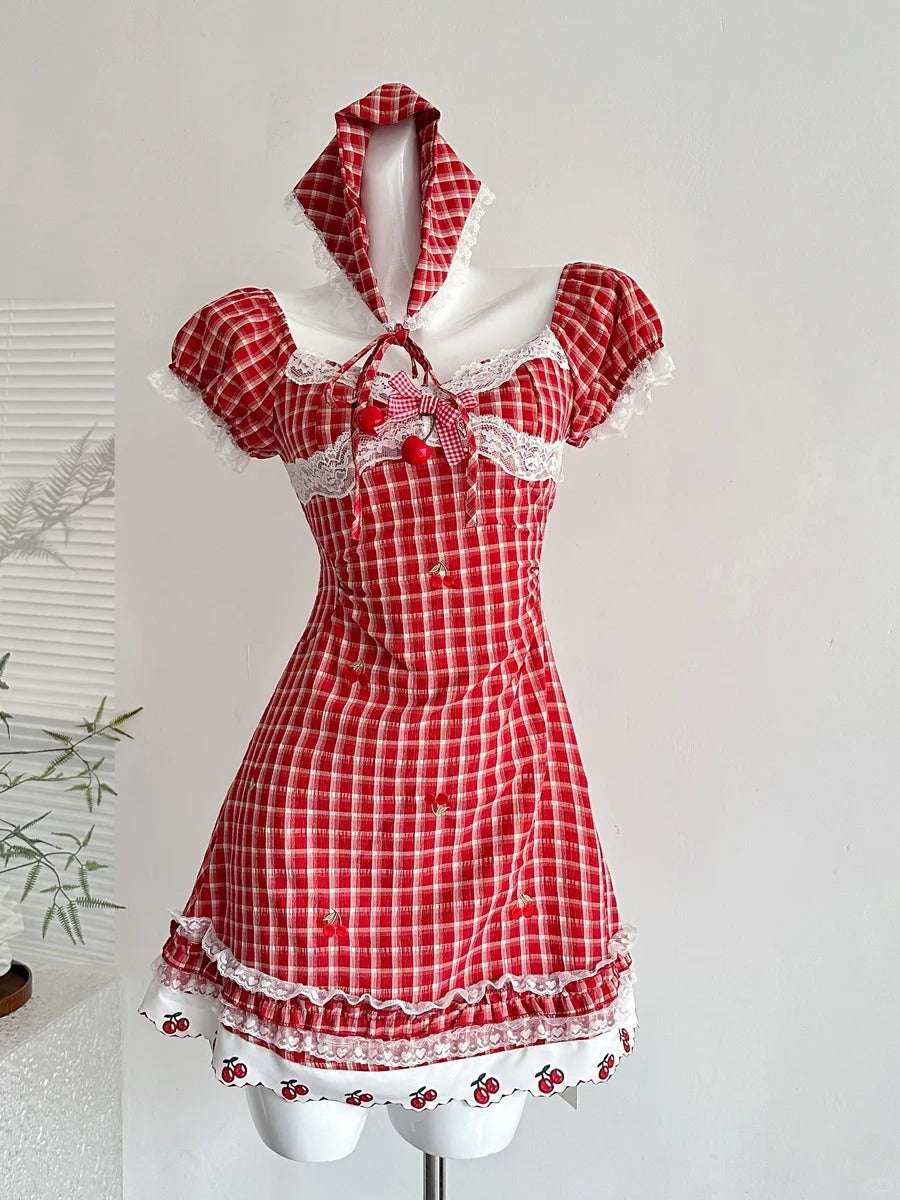 Sweet Retro Red And White Plaid Short-sleeved Waist A-line 15th Birthday Homecoming Dress P3998