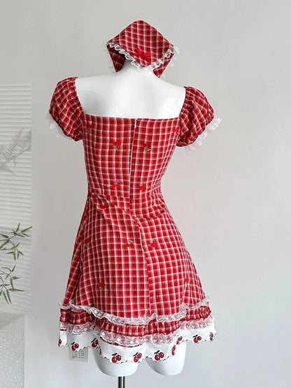 Sweet Retro Red And White Plaid Short-sleeved Waist A-line 15th Birthday Homecoming Dress P3998