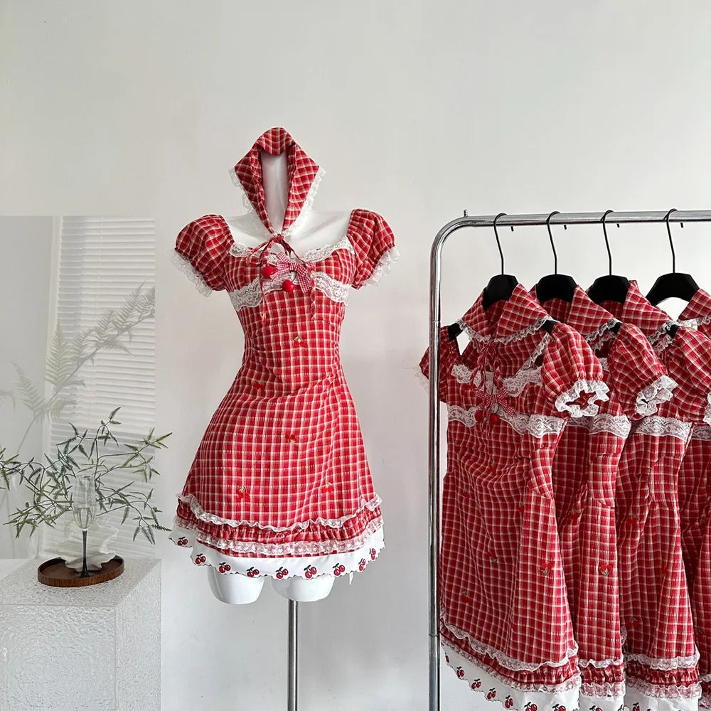 Sweet Retro Red And White Plaid Short-sleeved Waist A-line 15th Birthday Homecoming Dress P3998