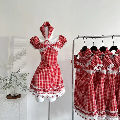 Sweet Retro Red And White Plaid Short-sleeved Waist A-line 15th Birthday Homecoming Dress P3998