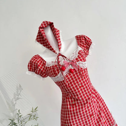 Sweet Retro Red And White Plaid Short-sleeved Waist A-line 15th Birthday Homecoming Dress P3998