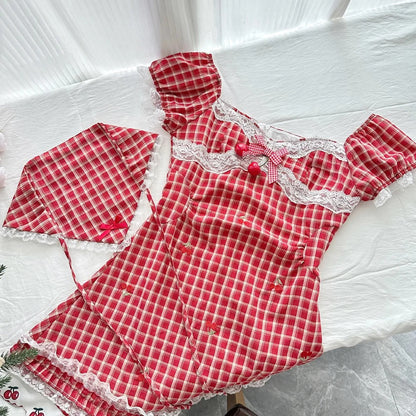 Sweet Retro Red And White Plaid Short-sleeved Waist A-line 15th Birthday Homecoming Dress P3998