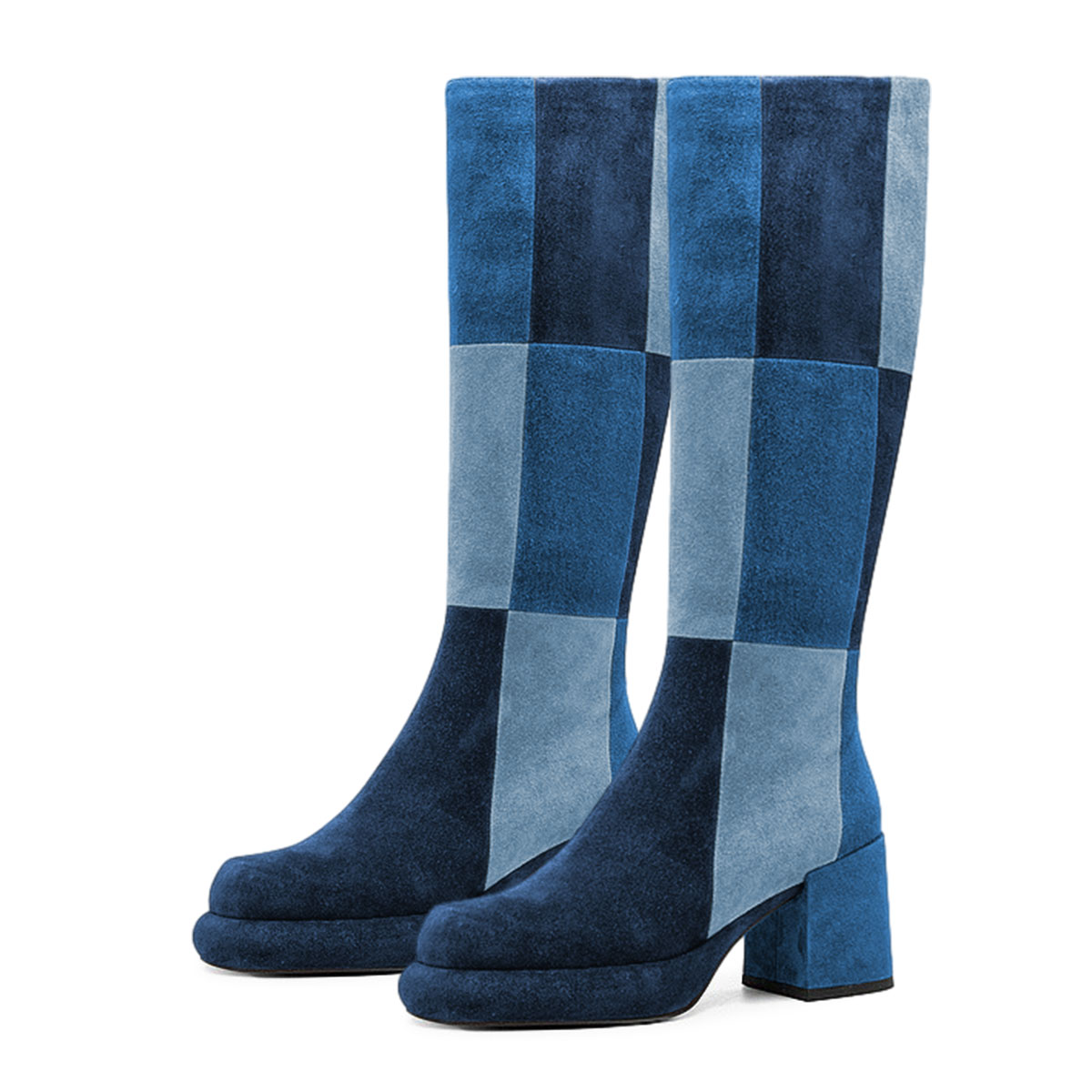 Blue Color Block Round Toe Chunky Heel Platform Zip Knee High Boots
