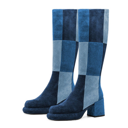 Blue Color Block Round Toe Chunky Heel Platform Zip Knee High Boots