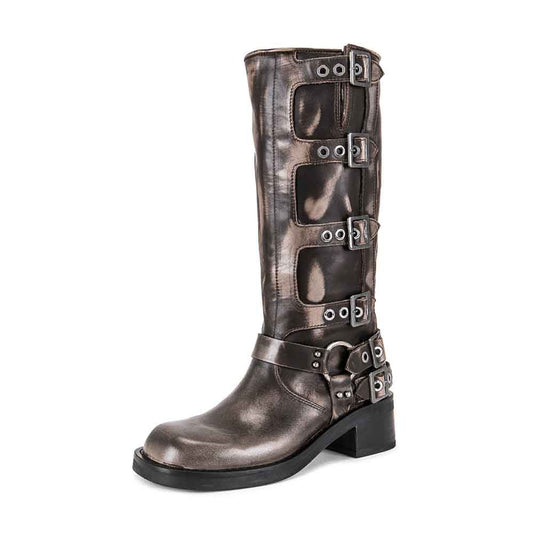 Black Square Toe Chunky Heel Buckled Knee High Boots