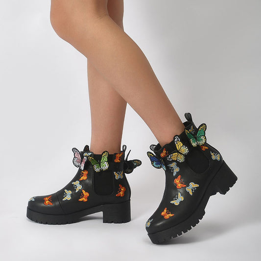Black Round Toe Butterfly Embroidered Chunky Heel Ankle Boots