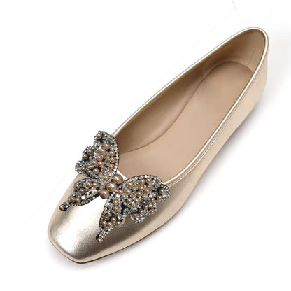 Gold Patent Leather Flats With Pearl Butterfly Decor Flats
