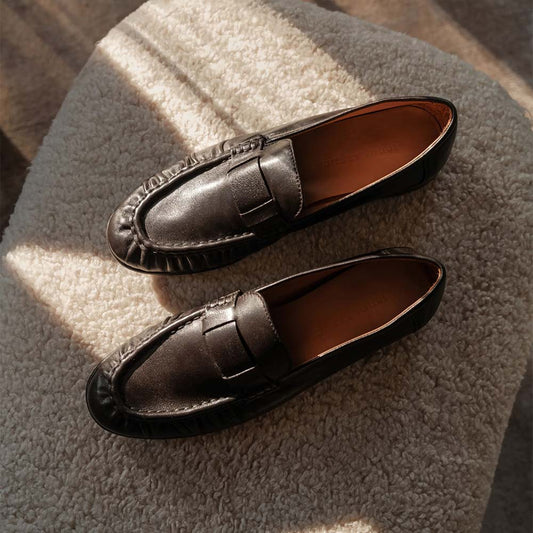 Brown Vegan Leather Round Toe Pleated Flat Women's Loafers