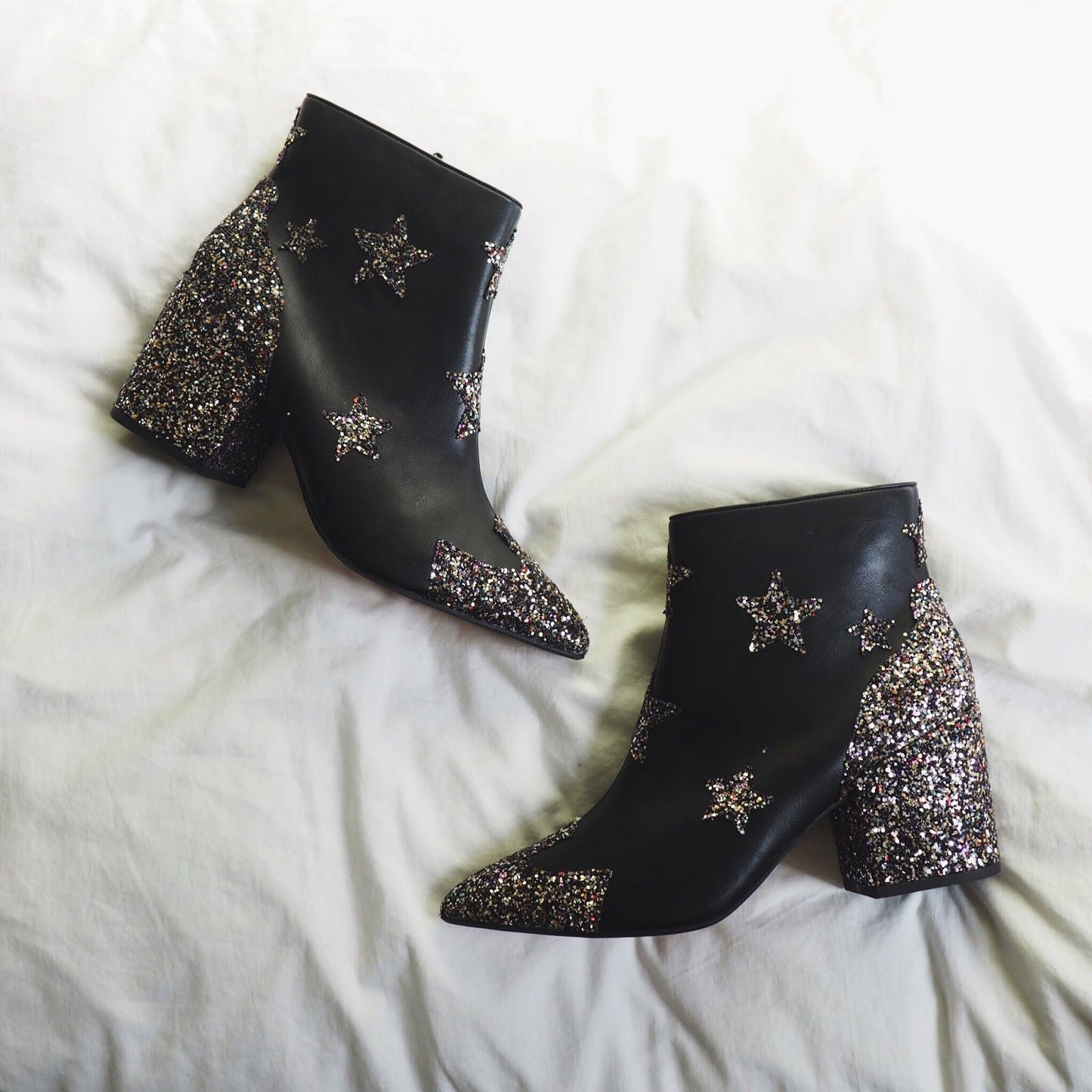 Black Almond Toe Glitter Patchwork Star Ankle Boots with Block Heel